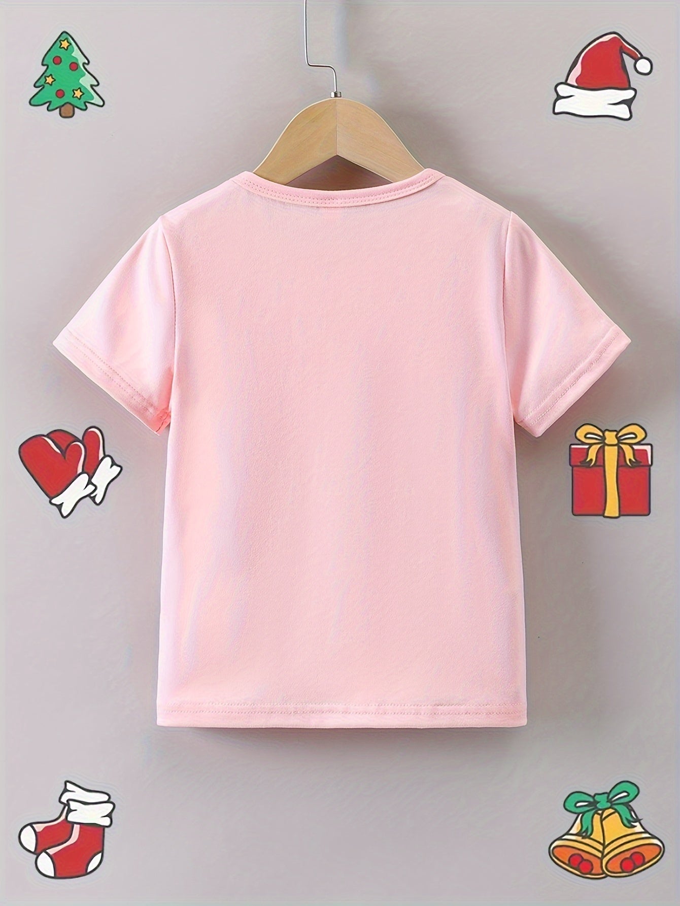 Pink Girls' Casual Cartoon Short Sleeve T-Shirt - "Alphabet Reading Deer" Print, Round Neck, Regular Fit, Polyester, Christmas Themed