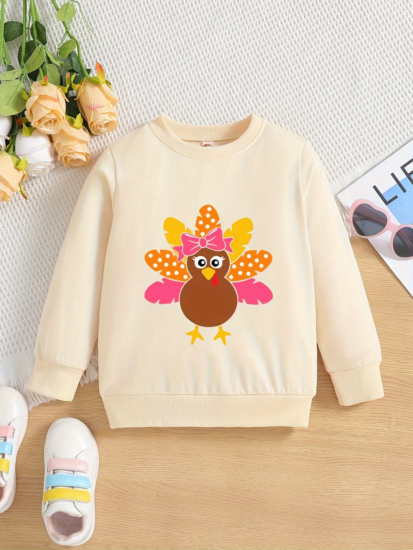 Cute Turkey Print Crew Neck Pullover Sweatshirt for Girls - Soft Medium Stretch Polyester, Regular Fit, Machine Washable, Fall/Winter Seasonal Wear - Perfect for Autumn Party and Thanksgiving Celebration