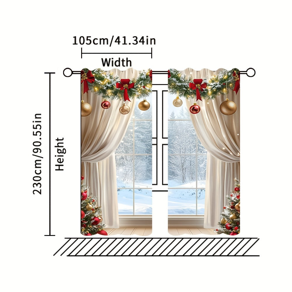 2pcs Set Christmas Digital Print Curtains with Green Leaf Edge - Rod Pocket Design for Living Room, Bedroom, Kitchen & Office Decor