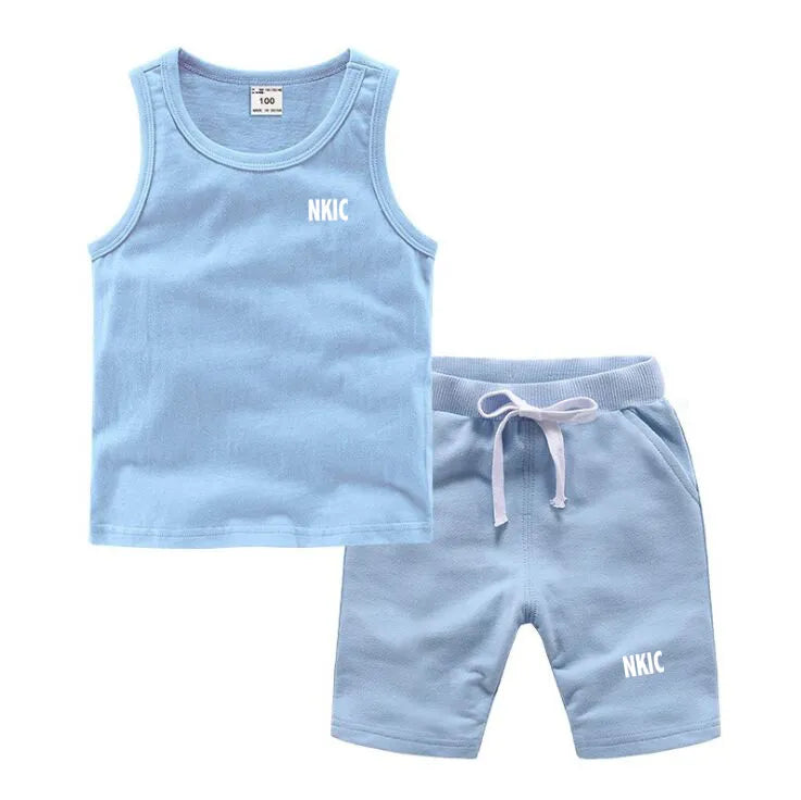 Fashion Brand Clothing Sets Summer Sleeveless 100% Cotton Vest Shorts Kids Tracksuit Thin Breathable Children's Sports Sets Boys