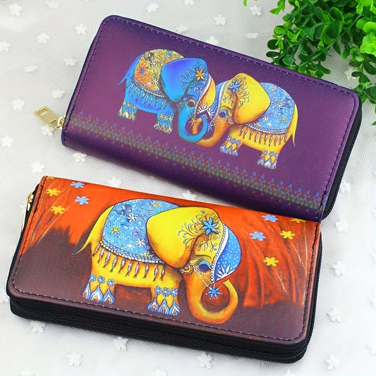 Durable Long Wallet With Cute Elephant Pattern, Ethnic Style PU Material Zip-Around Clutch With Multiple Card Slots & Coin Pouch