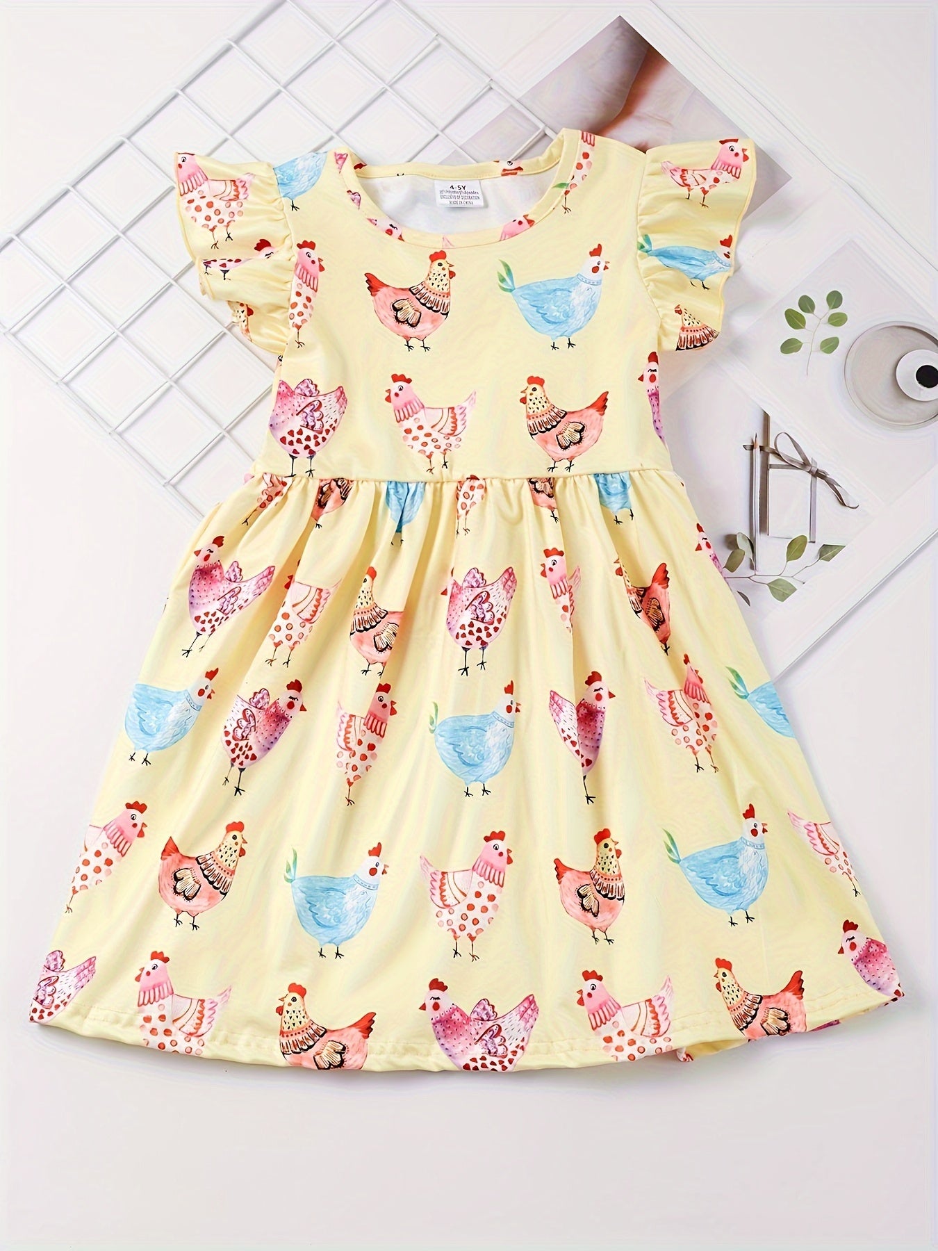 Stretchy Adorable Girls Cartoon Dress with Flouncy Ruffle Sleeves - Perfect for Summer Parties and Gift-Giving