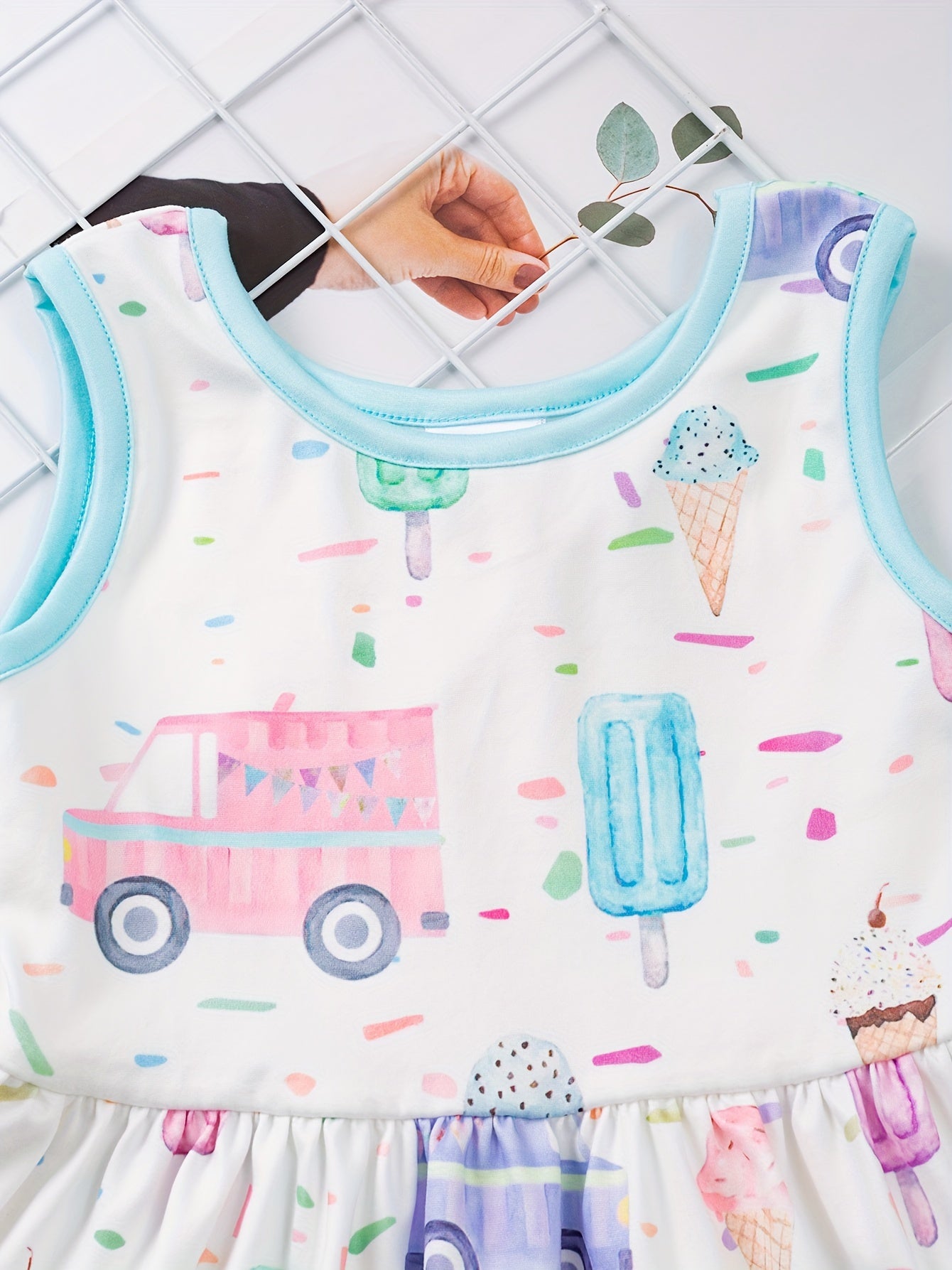 Charming Girls' Cartoon Car & Ice Cream Print Sleeveless Dress - Stretchy, Comfortable Fabric for Summer Parties & Gifts