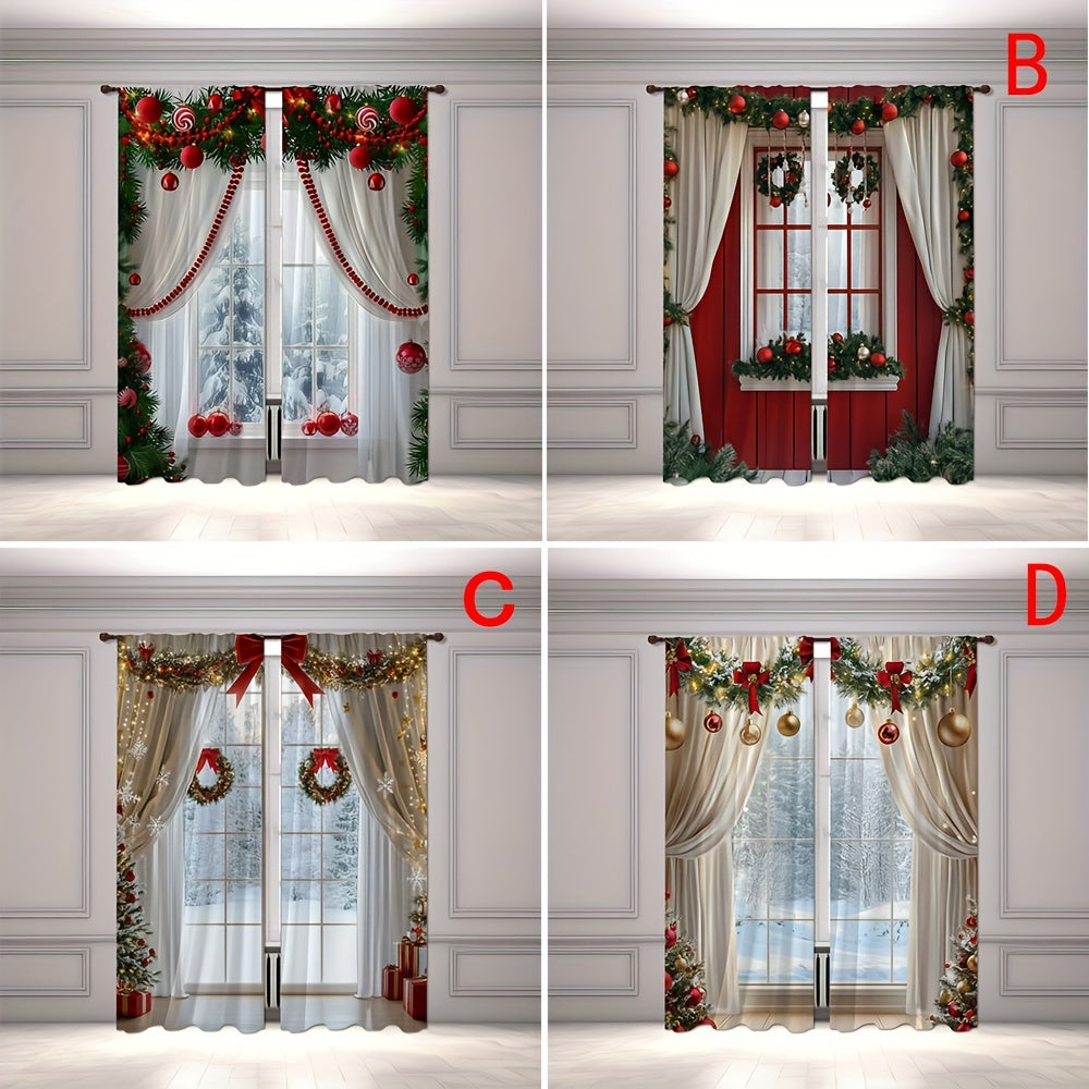 2pcs Set Christmas Digital Print Curtains with Green Leaf Edge - Rod Pocket Design for Living Room, Bedroom, Kitchen & Office Decor