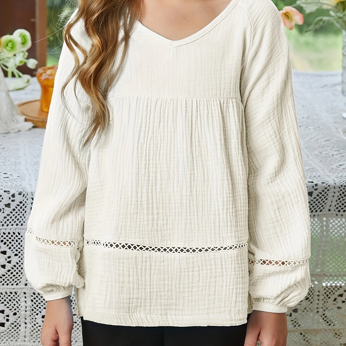 Stylish 100% Cotton Muslin Boho Chic V Neck Long Sleeve Shirt Pullover for Girls - Soft, Breathable, Relaxed Fit, Casual Wear - Elegant Gift Idea for Teenagers