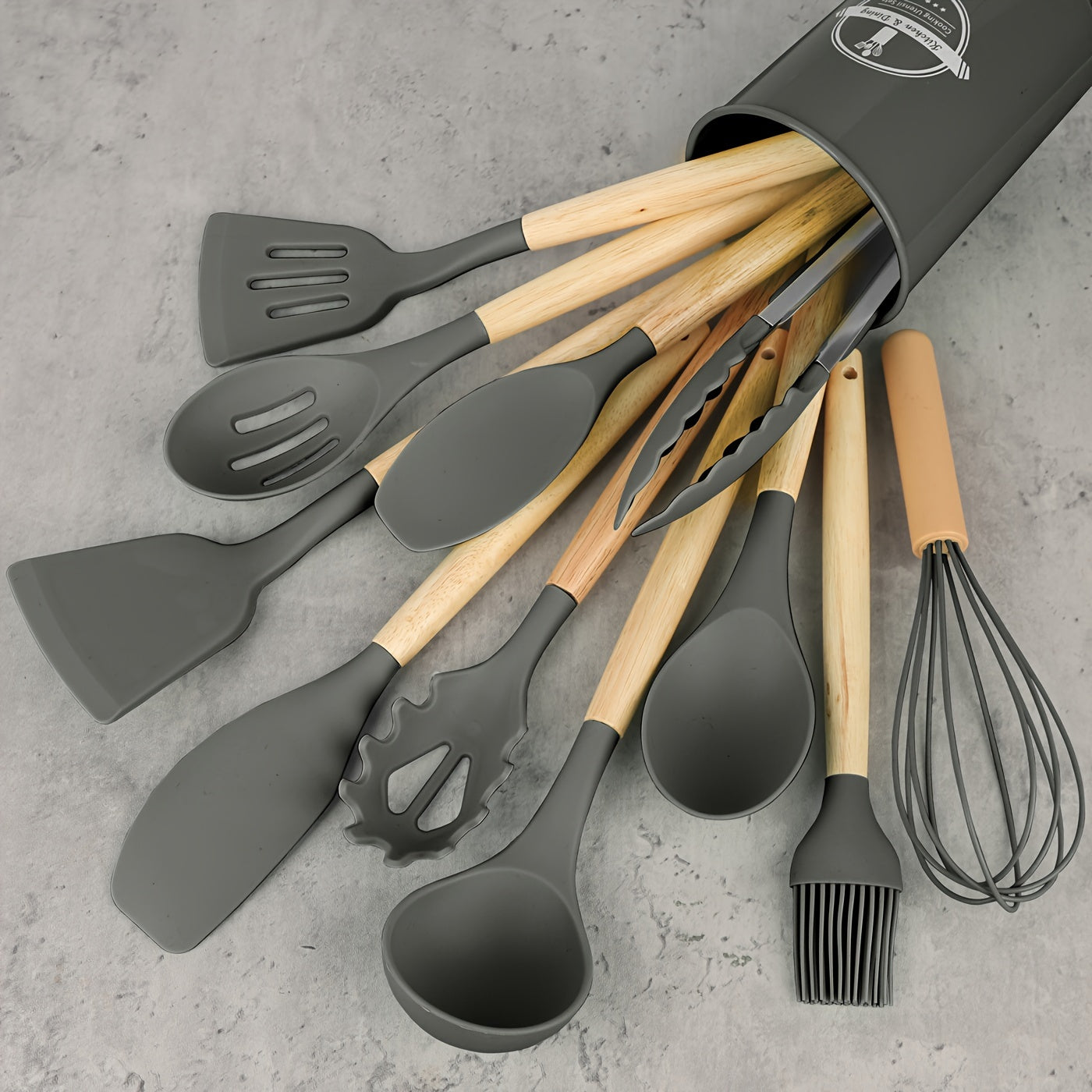 12pcs/set, Silicone Utensil Set, Kitchen Utensil Set, Safety Cooking Utensils Set, Non-Stick Cooking Utensils Set With Wooden Handle, Washable Modern Cookware, Kitchen Stuff, Kitchen Gadgets, Kitchen Essentials