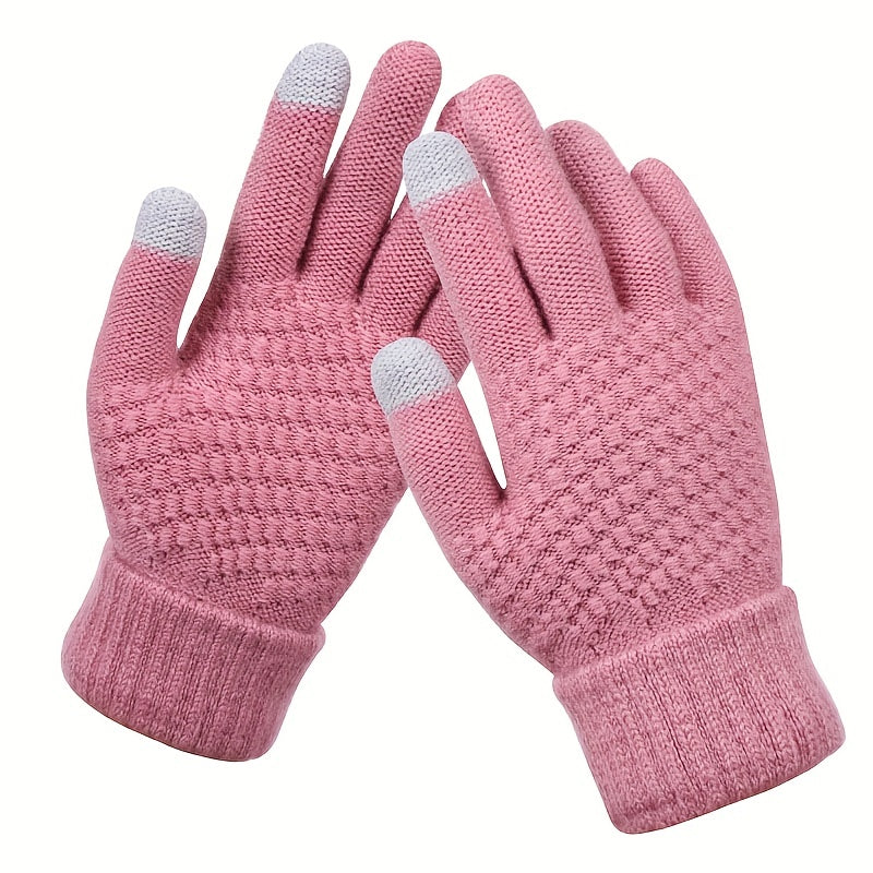 Unisex Warm Knit Touch Screen Gloves - Stretchable Full Finger, Wool-Feel Winter Mittens for Men & Women