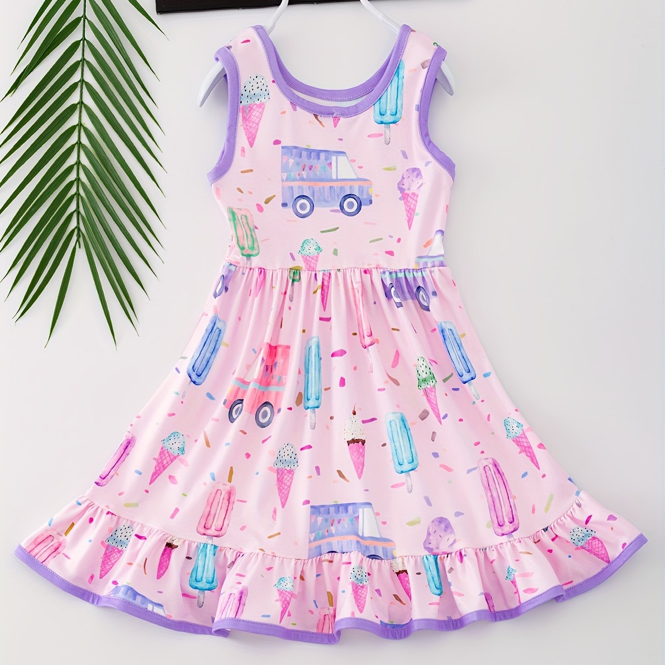 Charming Girls' Cartoon Car & Ice Cream Print Sleeveless Dress - Stretchy, Comfortable Fabric for Summer Parties & Gifts