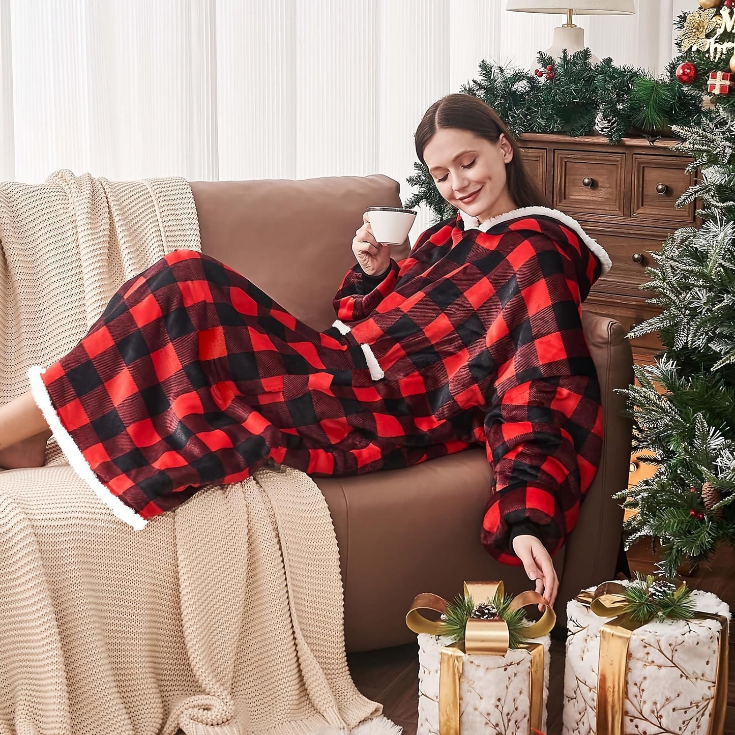 Cozy Christmas Hoodie Blanket - 48" Oversized, Super Soft Flannel with Leopard & Buffalo Plaid Designs for Men and Women