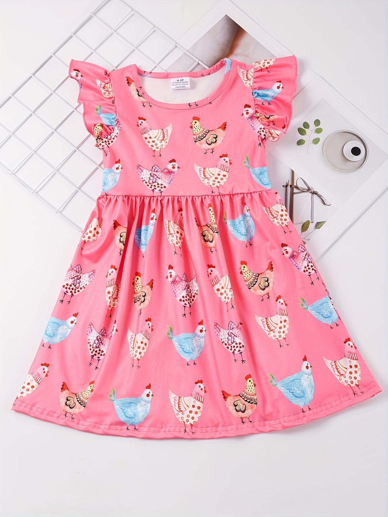 Stretchy Adorable Girls Cartoon Dress with Flouncy Ruffle Sleeves - Perfect for Summer Parties and Gift-Giving