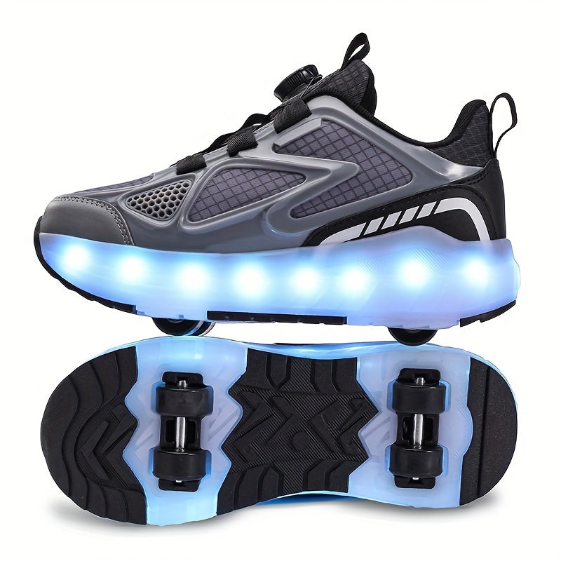 Trendy Cool Low Top Roller Skateboard Shoes With Charging LED Light For Boys, Breathable Anti Slip Wheel Shoes For Indoor Outdoor, All Seasons