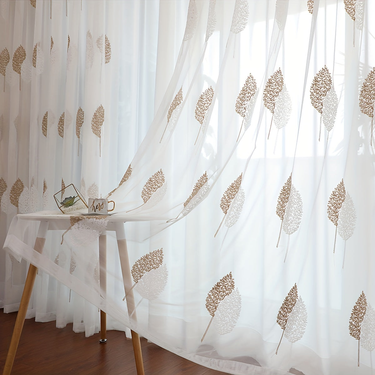 1pc Elegant Pastoral Leaf Embroidered Sheer Curtain - Simple, Translucent, Thin, Rod Pocket Design for Easy Hanging - Perfect for Living Room, Bedroom, Home Decor, Adding Touch of Nature and Elegance