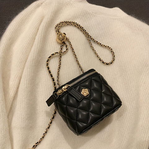 Mini Elegant Square Shoulder Chain Bag, Flower Decor Argyle Pattern Zipper Handbag Wallet For Women