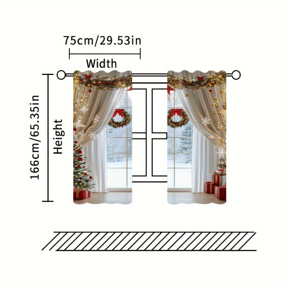 2pcs Set Christmas Digital Print Curtains with Green Leaf Edge - Rod Pocket Design for Living Room, Bedroom, Kitchen & Office Decor