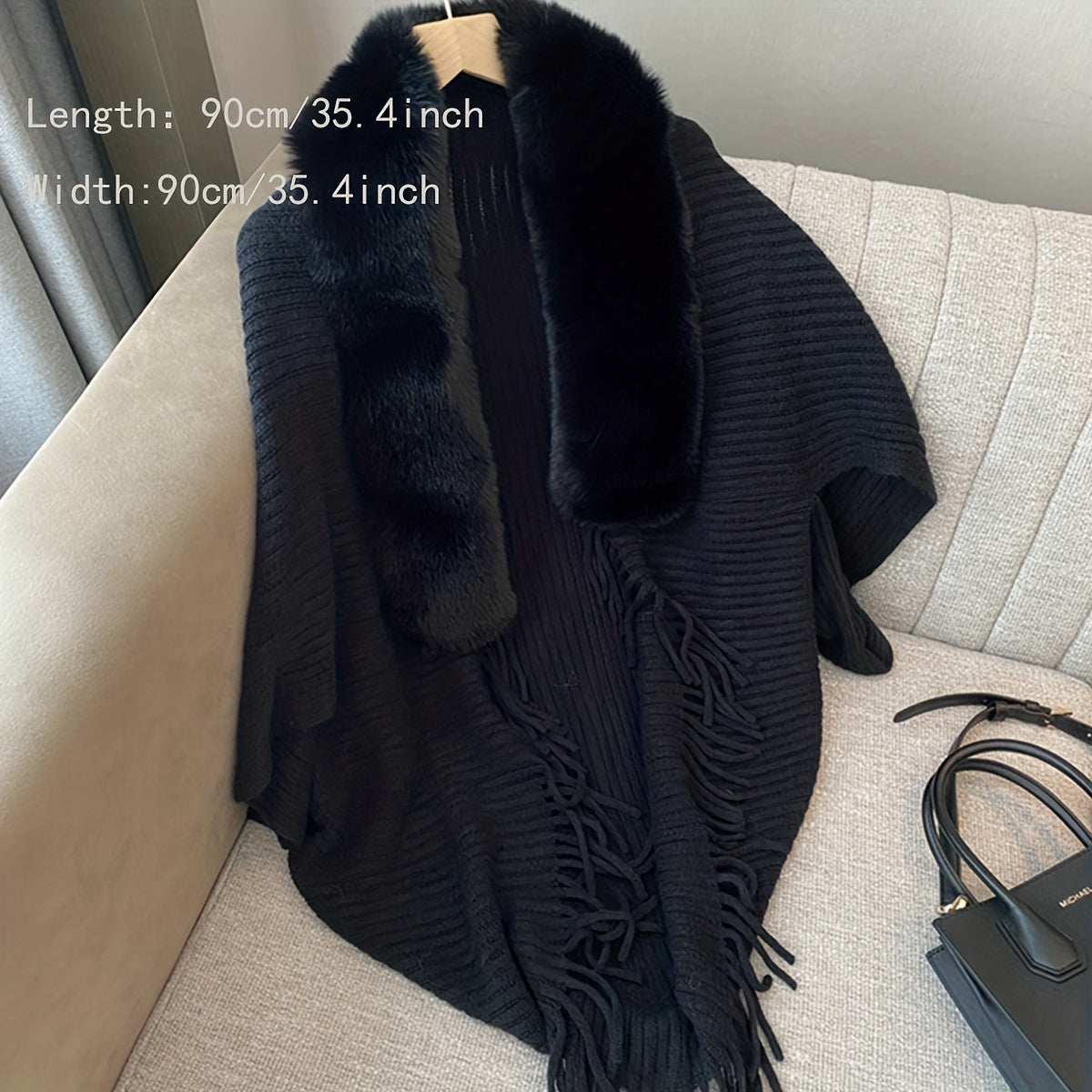 Winter Faux Fur Collar Shawl Cape Solid Color Warm Shawl Coat Casual Loose Outer Wear Knit Shawl Wrap