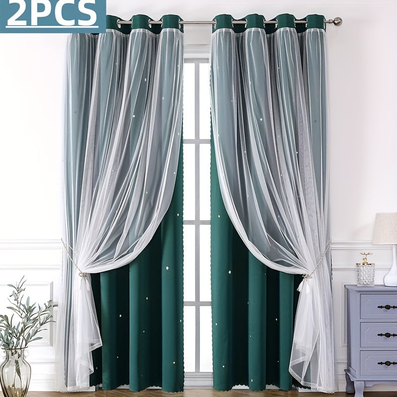 2PCS Grommet Top Curtains Double-layer Cute Hollow Star-shaped Small Holes Curtain For Light Transmission, Suitable For Bedroom Blackout Curtains, Living Room Curtains, Themed Room Curtains, And Festival Party Decoration Curtains Home Decor