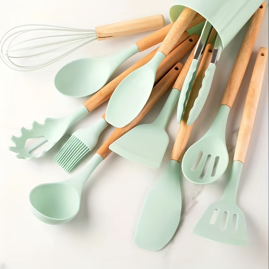 12pcs, Silicone Utensil Set, Khaki Kitchen Utensil Set With Wooden Handle, Safety Cooking Utensils Set, Non-Stick Kitchen Tools Set, Washable Modern Cookware, Kitchen Stuff, Kitchen Gadgets