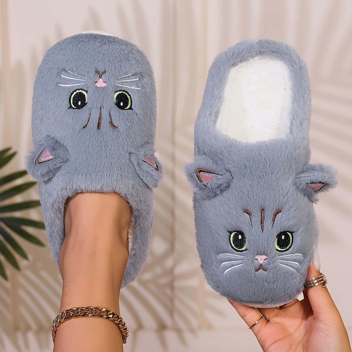 Comfy Kawaii Cat Home Slippers - Solid Color Plush Fabric, Cozy Closed Toe Winter Shoes with a Soft Sole