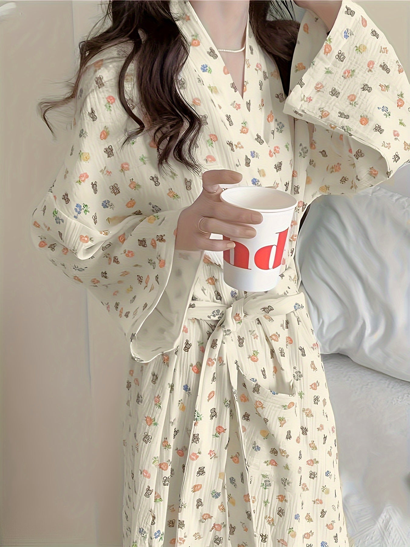 Ombre Stripe Print Loose Fit Night Robe, Long Sleeve V Neck Pocketed Robe With Belt, Women's Sleepwear & Dresses