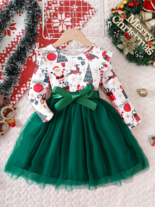 Cute Christmas Splicing Santa Graphic Mesh Tutu Dress for Girls - Flutter Trim, Festive Holiday Outfit, Perfect Gift for Kids, Christmas Party Wear