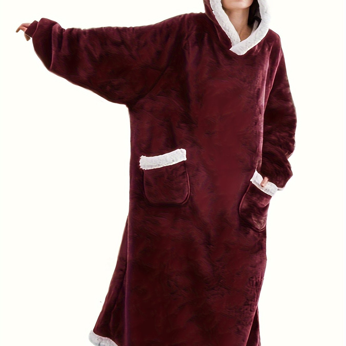 Cozy Plus-Size Hooded Fleece Robe - Winter Casual Comfort with Pockets & Stretch Fabric, Machine Washable