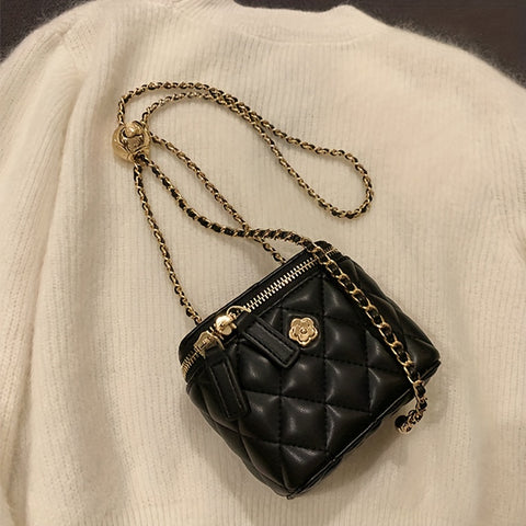 Mini Elegant Square Shoulder Chain Bag, Flower Decor Argyle Pattern Zipper Handbag Wallet For Women