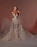 Gorgeous Mermaid Wedding Dresses V Neck Lace Sequined Sleeveless Bridal Gowns Detachable Train Custom Made Robe De Mariee