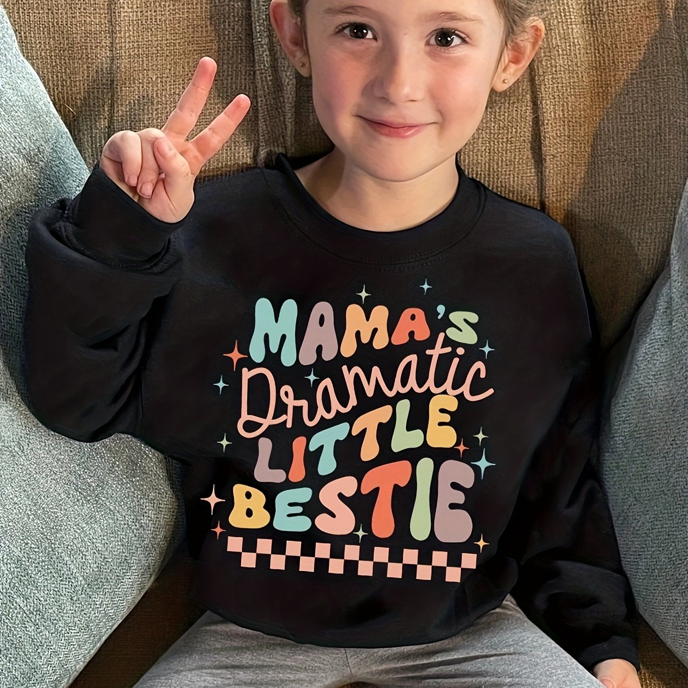 Adorable "Mama's Dramatic Little Bestie" Print Pullover Sweatshirt - Soft Fleece, Warm Long Sleeve, Toddler-Friendly Design, Cozy Winter Gift for Little Girls, Perfect for Casual Daily Wear, Playdates, and Special Occasions