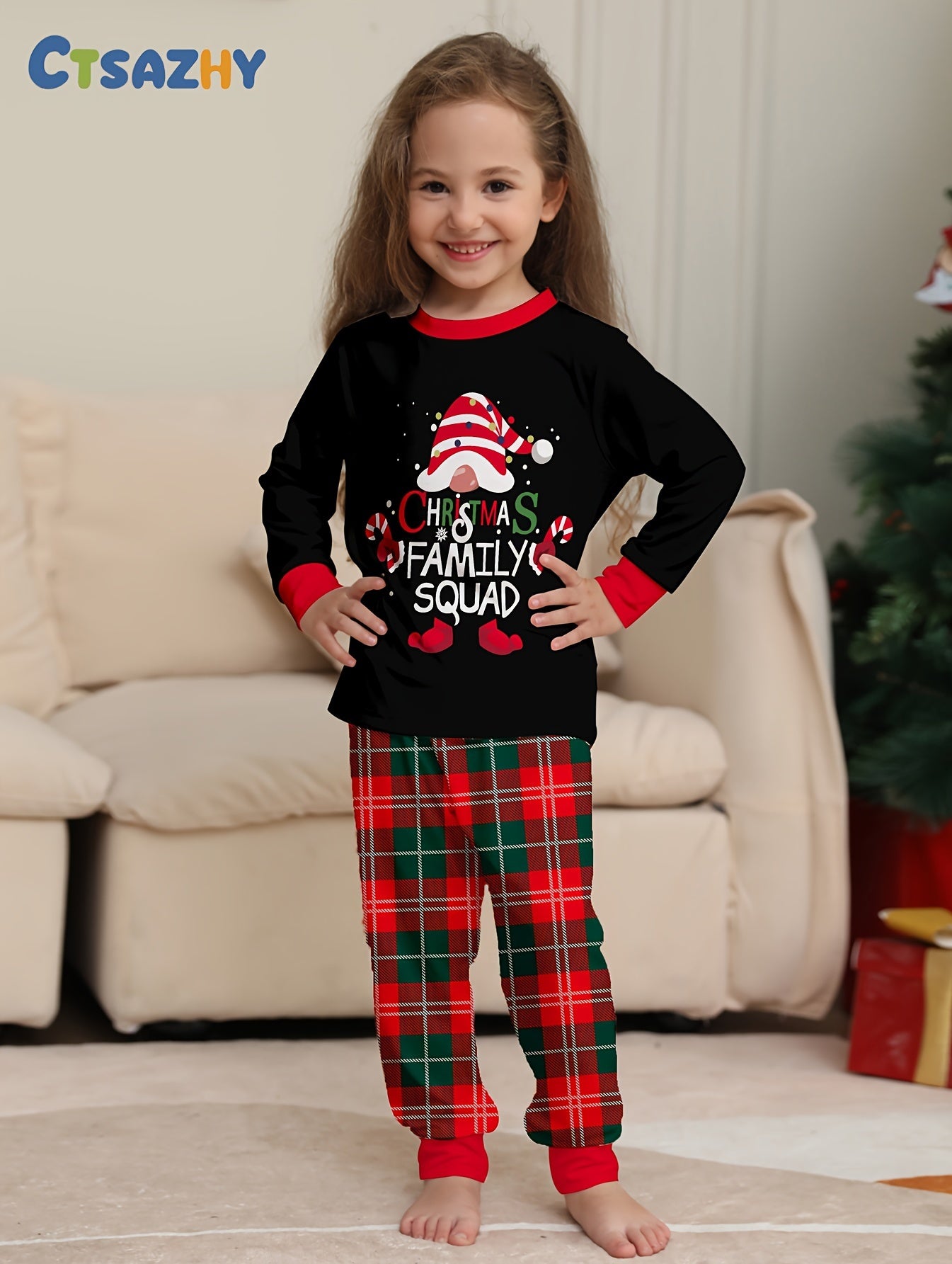 Youngsters' Cozy Christmas Pajama Set - Flame-Resistant, Long Sleeve & Plaid Pants with Festive Print for Boys and Girls, Perfect for Fall/Winter