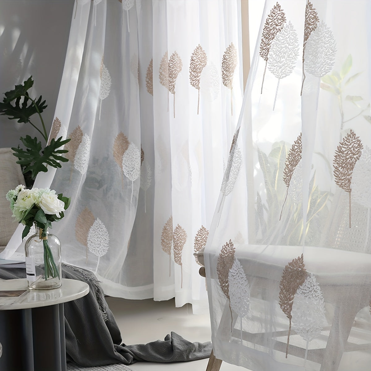 1pc Elegant Pastoral Leaf Embroidered Sheer Curtain - Simple, Translucent, Thin, Rod Pocket Design for Easy Hanging - Perfect for Living Room, Bedroom, Home Decor, Adding Touch of Nature and Elegance