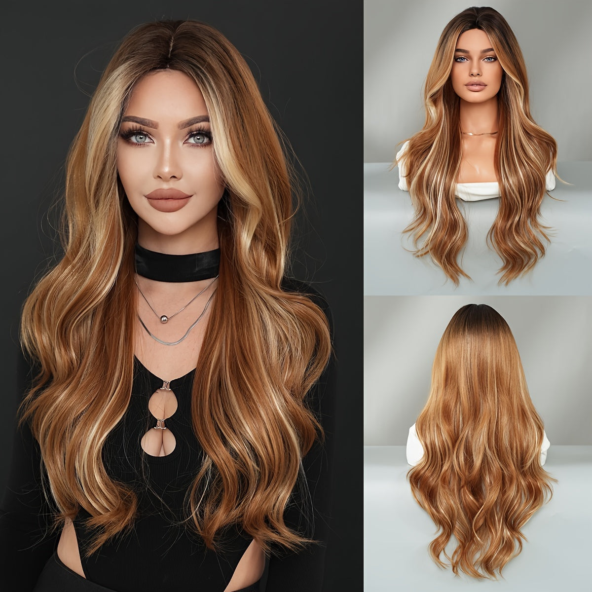 "Voluminous" Elegant Ombre Brown Long Curly Wig With Dark Roots - Middle Part, High Layered Fluffy Blonde Highlights For Women - Heat Resistant Synthetic Fiber, Perfect For Daily Wear & Parties, 28.34 Inches