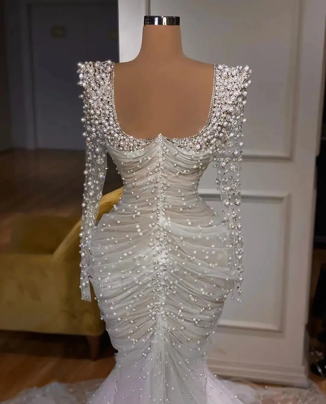 Luxury Bridal Gowns Pearls Beaded Mermaid Wedding Dress See Through Long Sleeve Custom Made Bride Dresses Vestido de novia