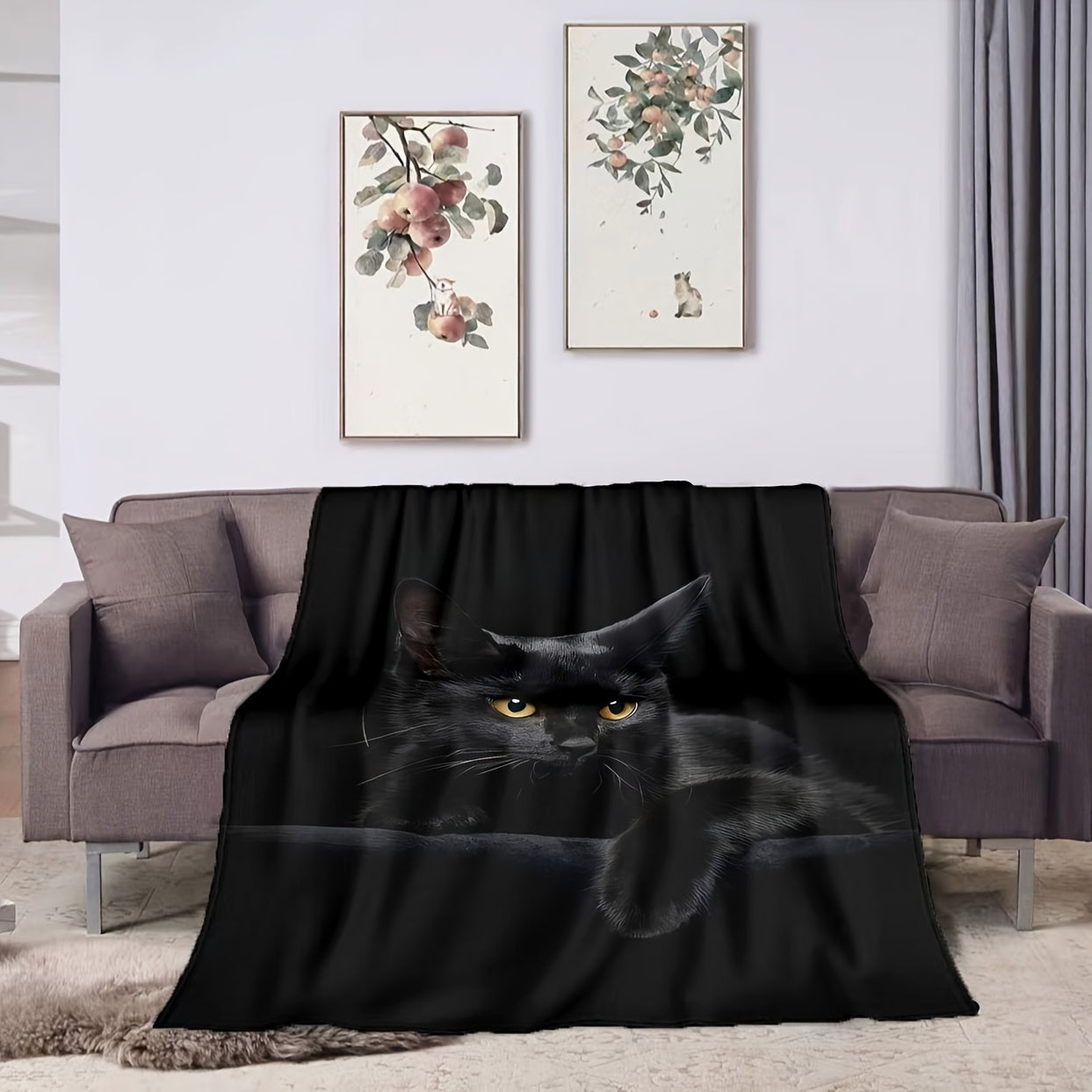 1pc Black Cat Fleece Throw Blanket, Digital Print Flannel For Air Conditioning, Soft And Cozy, Pet Lovers Home Decor For Halloween