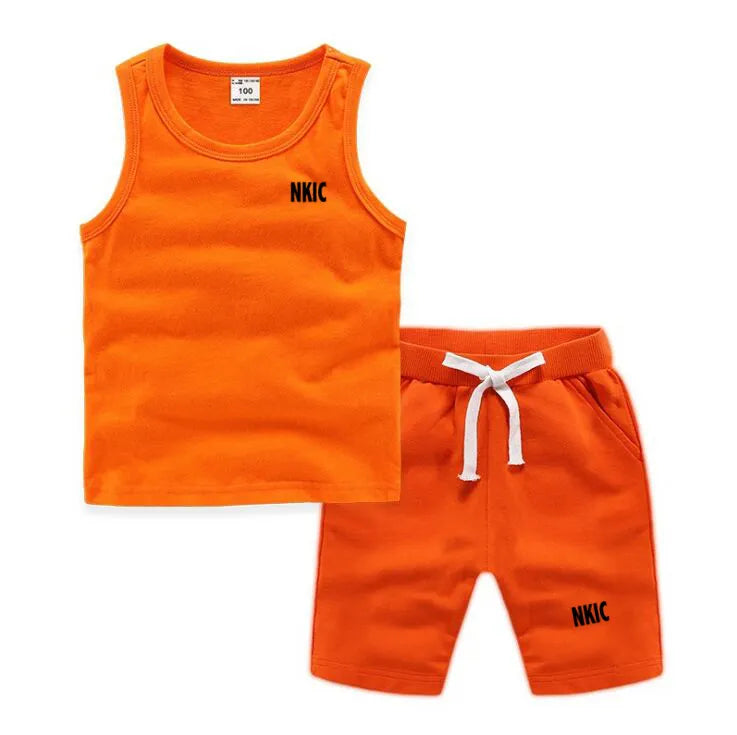 Fashion Brand Clothing Sets Summer Sleeveless 100% Cotton Vest Shorts Kids Tracksuit Thin Breathable Children's Sports Sets Boys