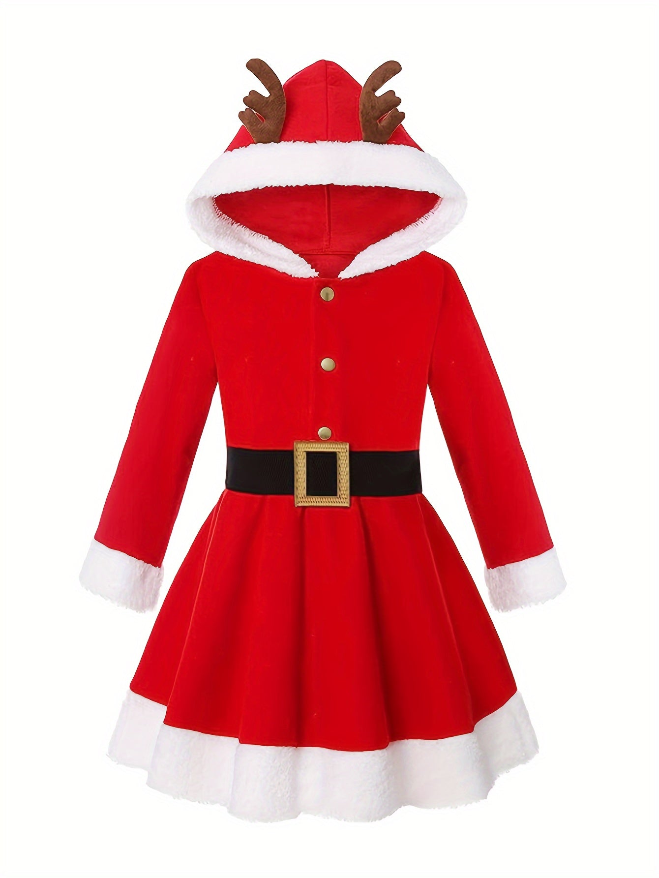 Holiday Festive Hooded Christmas Dress Costume for Adults with Reindeer Antlers - Long Sleeve, Pleated, Polyester, Belted Party Dress with Solid Color and Slight Stretch - Fall/Winter Season Apparel