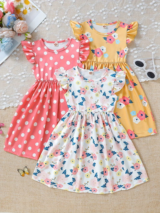 3pcs Girls Charming Polka Dot & Floral Dress Set - Ruffle Sleeveless, Lightweight Digital Print, Perfect for Summer Fun