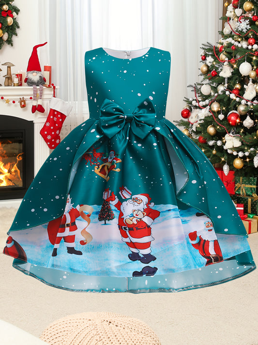 MQATZ Girls' Christmas Party Dress - Sleeveless Polyester Viscose Blend with Santa Snowflake Print, Crew Neck, Non-Stretch Umbrella Skirt with Bow Belt, All-Season Festive Costume for Over 3 Years Old