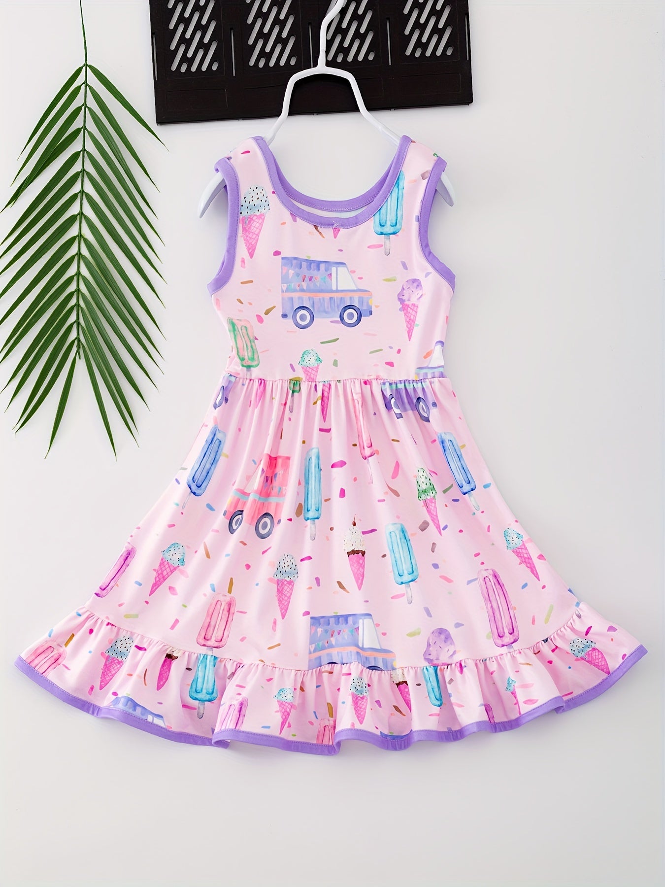 Charming Girls' Cartoon Car & Ice Cream Print Sleeveless Dress - Stretchy, Comfortable Fabric for Summer Parties & Gifts