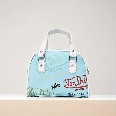 Women's Cartoon Graffiti Color Contrast Boston Bag, Novelty Top Handle Satchel Bag, Trendy Handbag Purse