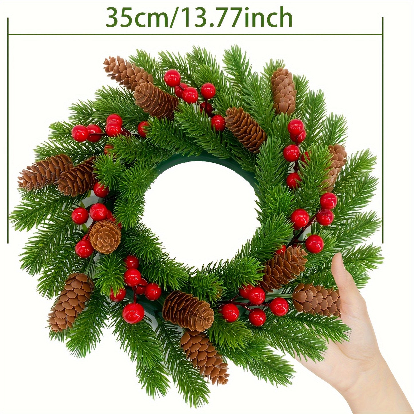 Classic Christmas Wreath with Red Berries - Artificial Pine Front Door Decor for Holiday Season, Easy Wall Hanging, Christmas Decor