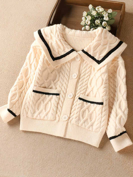 Girls Preppy Sailor Collar Short Length Knit Cardigan - Soft High Stretch Jersey Fabric, Long Sleeve, Lapel Collar, Pockets, Machine Washable, Perfect for Spring and Fall - Solid Color, Loose Fit, Regular Sleeve