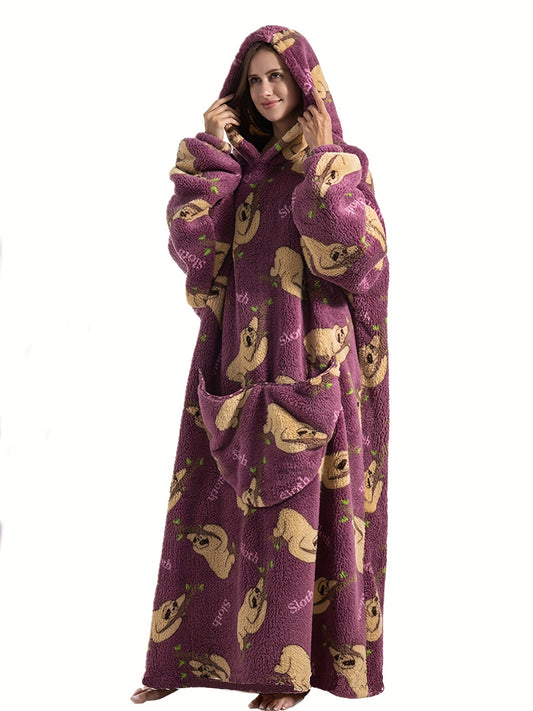 Cozy Plus Size Sloth Print Robe - Soft Womens Flannel Wearable Hooded Blanket - Comfy & Adorable Extra Long Sleepwear for All Seasons