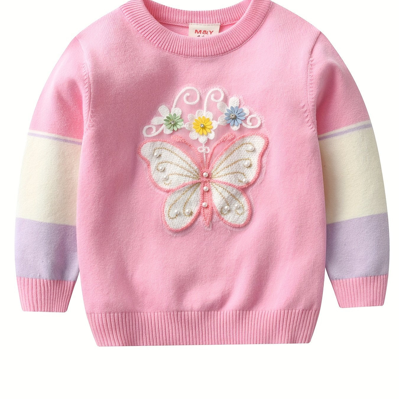 Vibrant Daisy Delight Crew Neck Sweater Top for Girls - Soft Beads and Butterfly Embroidery, Long Sleeves, Comfortable Fit, Spring and Autumn Wear, Ideal for Casual Outings and School Days