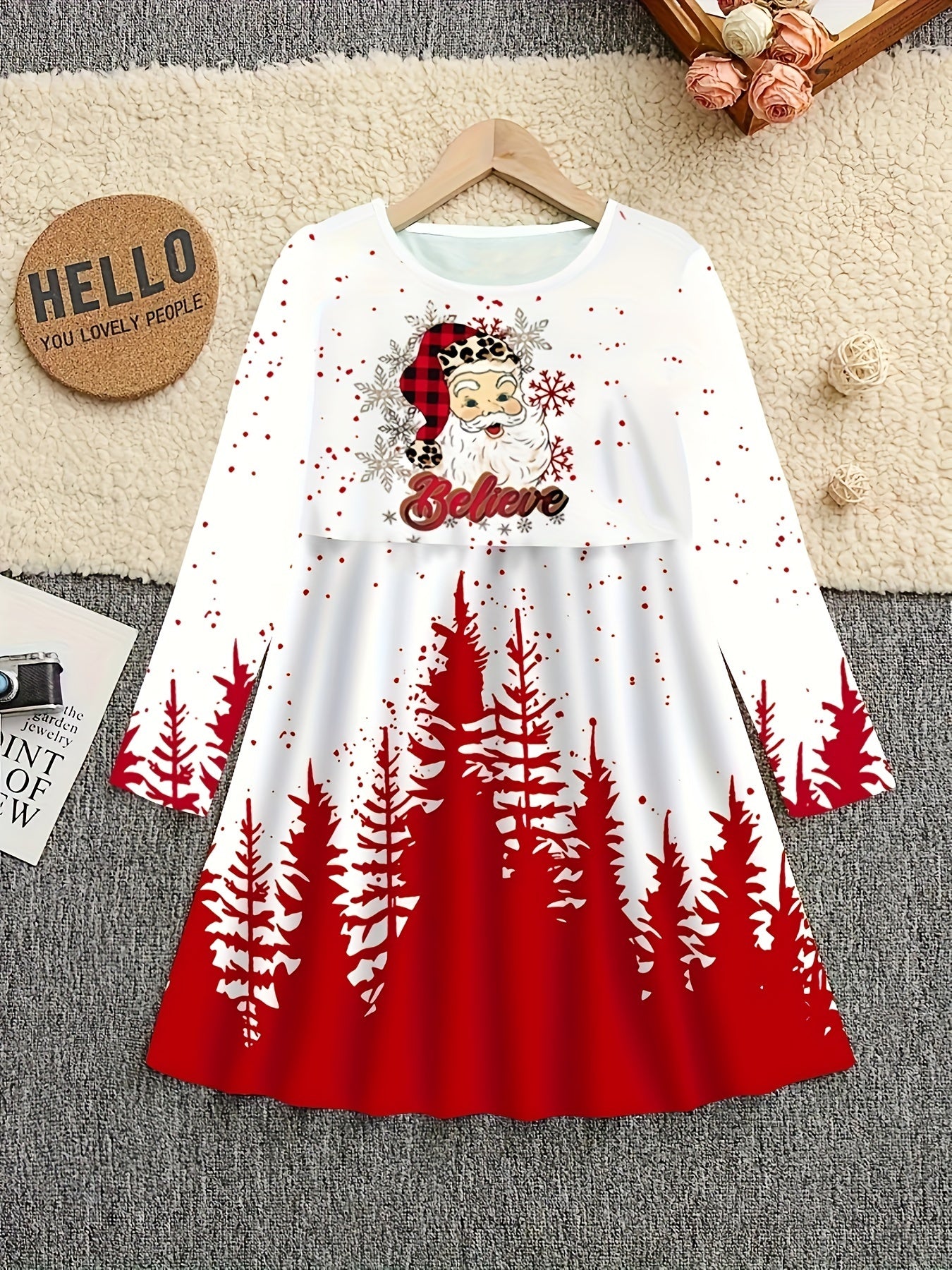 Girls' Casual Christmas Long Sleeve Dress - Jersey Fabric with Polyester and Elastane, Medium Stretch, 3D Digital Santa Print, Festive All-Season Knit Round Neck Dress for Children