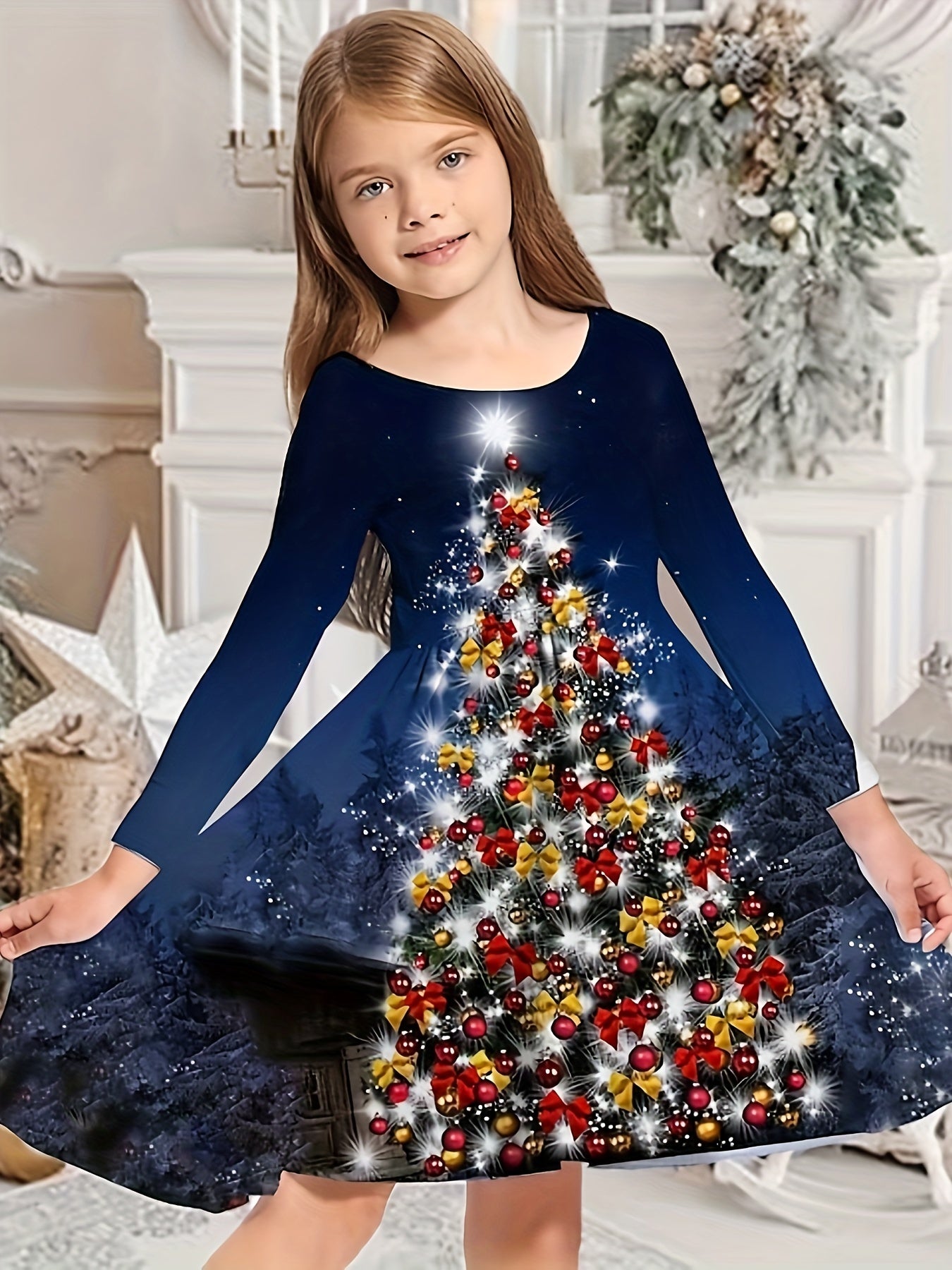 Girls' Festive 3D Snow Print Graphic Long Sleeve Dress - Activewear for Kids - Christmas Party Wear with Elegant Design and Comfortable Fabric