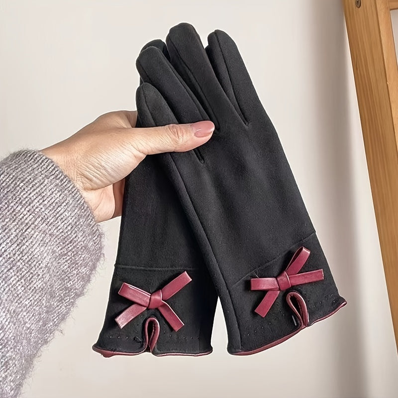 1 Pair Women's Full Finger Winter Gloves With Bow Decor, Touch Screen Outdoor Windproof Warm Gloves For Outdoor