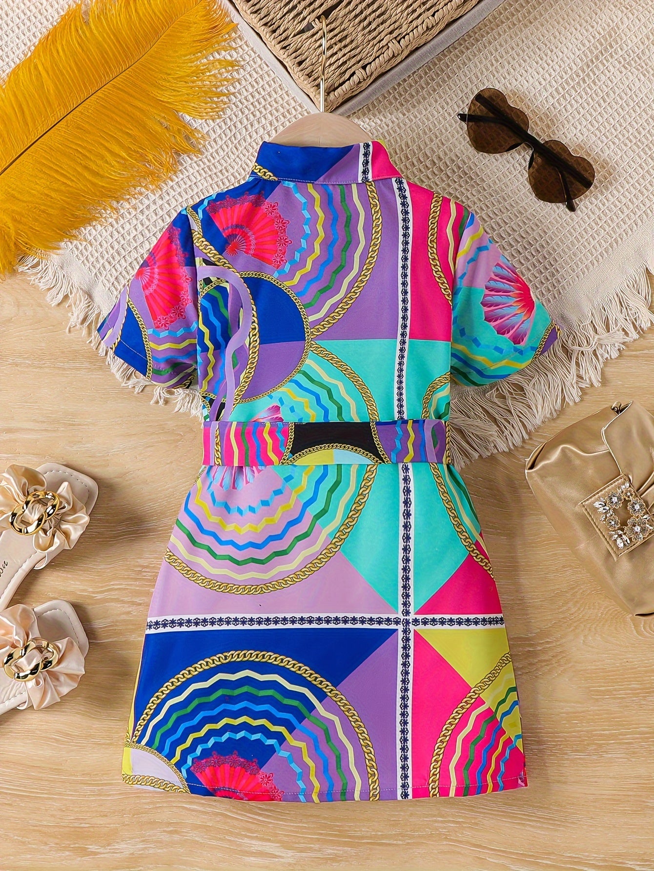 Vintage Style Girls Stylish Creative Pattern Print Short Sleeve Shirt Dress For Summer Gift