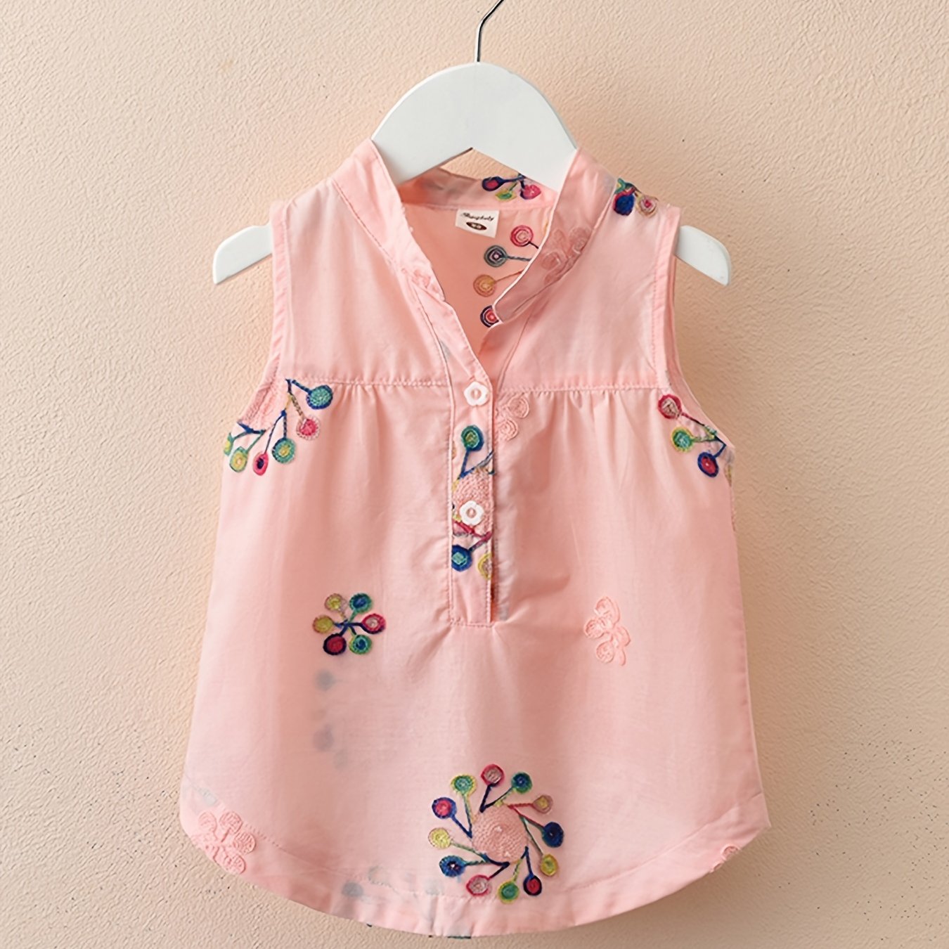 Adorable Floral Embroidered Sleeveless Blouse for Toddler Girls - Button Front, Curved Hem, Casual Summer Top - Perfect for Little Princesses