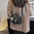 Benpaolv Mini Fuzzy Panel Flap Square Bag, Women's Twist Lock Shoulder Crossbody Purse With Pompom Charm