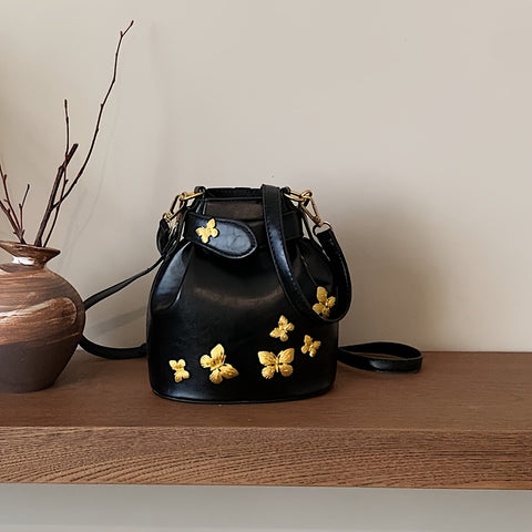 Butterfly Decor Bucket Bag, Trendy Mini Crossbody Bag, Women's Luxury Drawstring Handbag